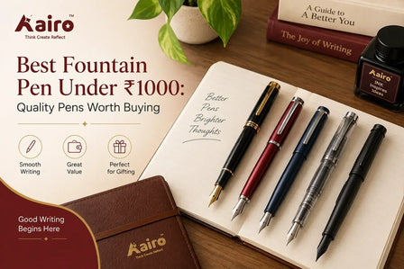 Aairo fountain pens under ₹1000 displayed on a notebook, highlighting smooth writing, value and gifting options in India.