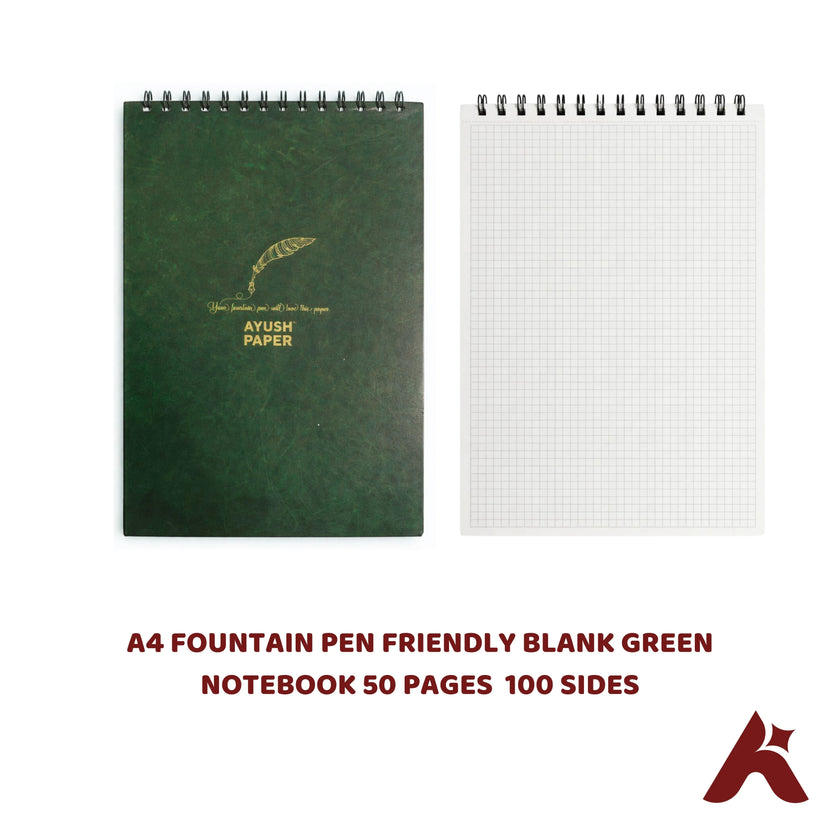 A4 FOUNTAIN PEN FRIENDLY BLANK GREEN NOTEBOOK 50 PAGES  100 SIDES