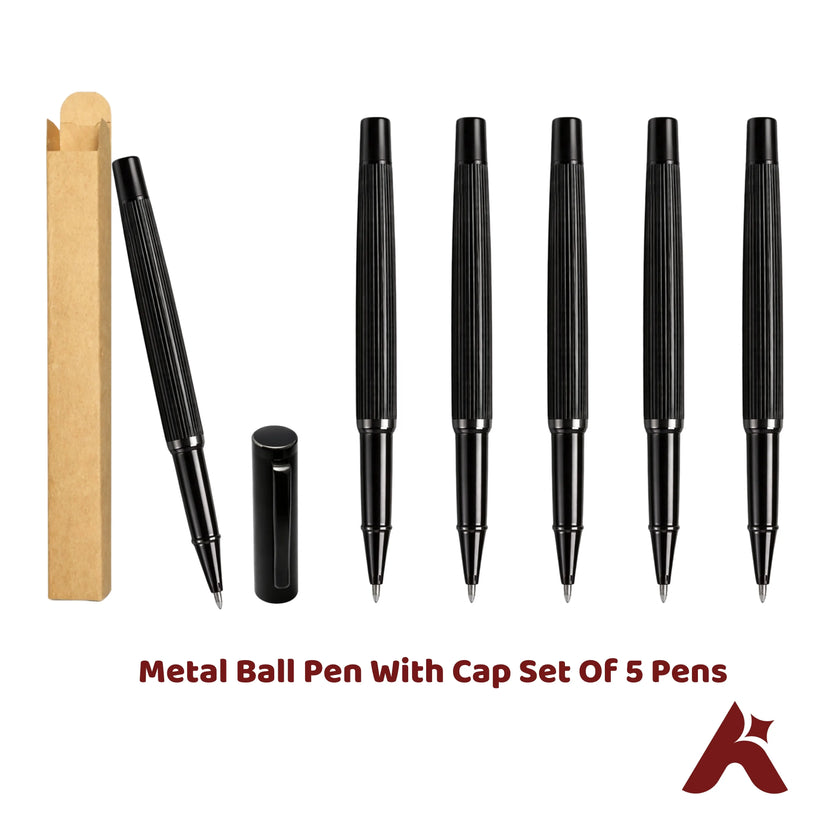 Metal Black Ball Pen With Cap Set Of 5 Pens