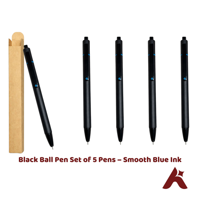 Black Ball Pen Set of 5 Pens – Smooth Blue Ink
