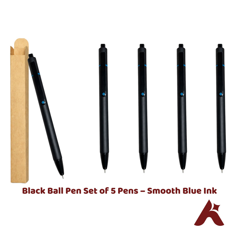 Black Ball Pen Set of 5 Pens – Smooth Blue Ink