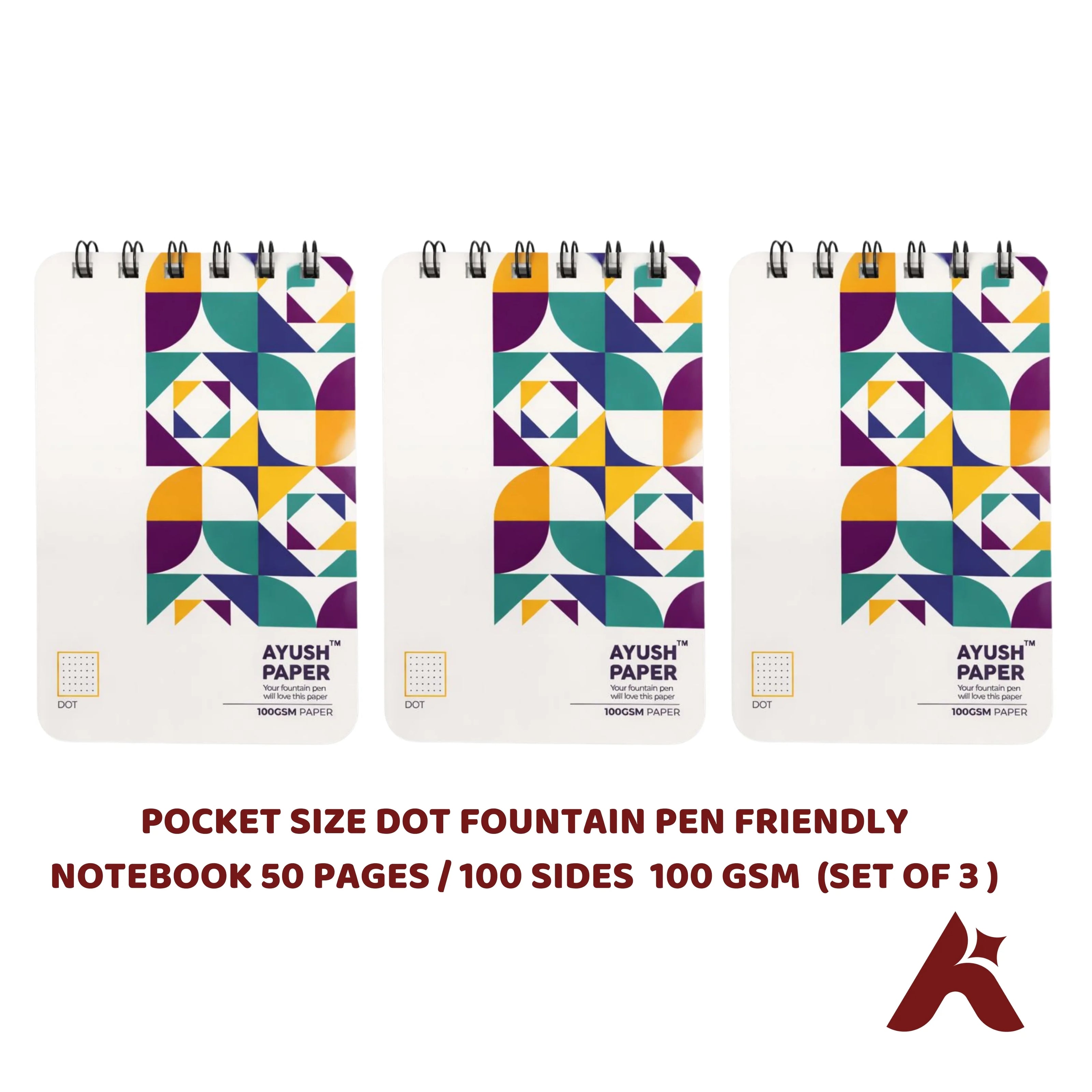 POCKET SIZE DOT FOUNTAIN PEN FRIENDLY  NOTEBOOK 50 PAGES / 100 SIDES  100 GSM  (SET OF 3 )
