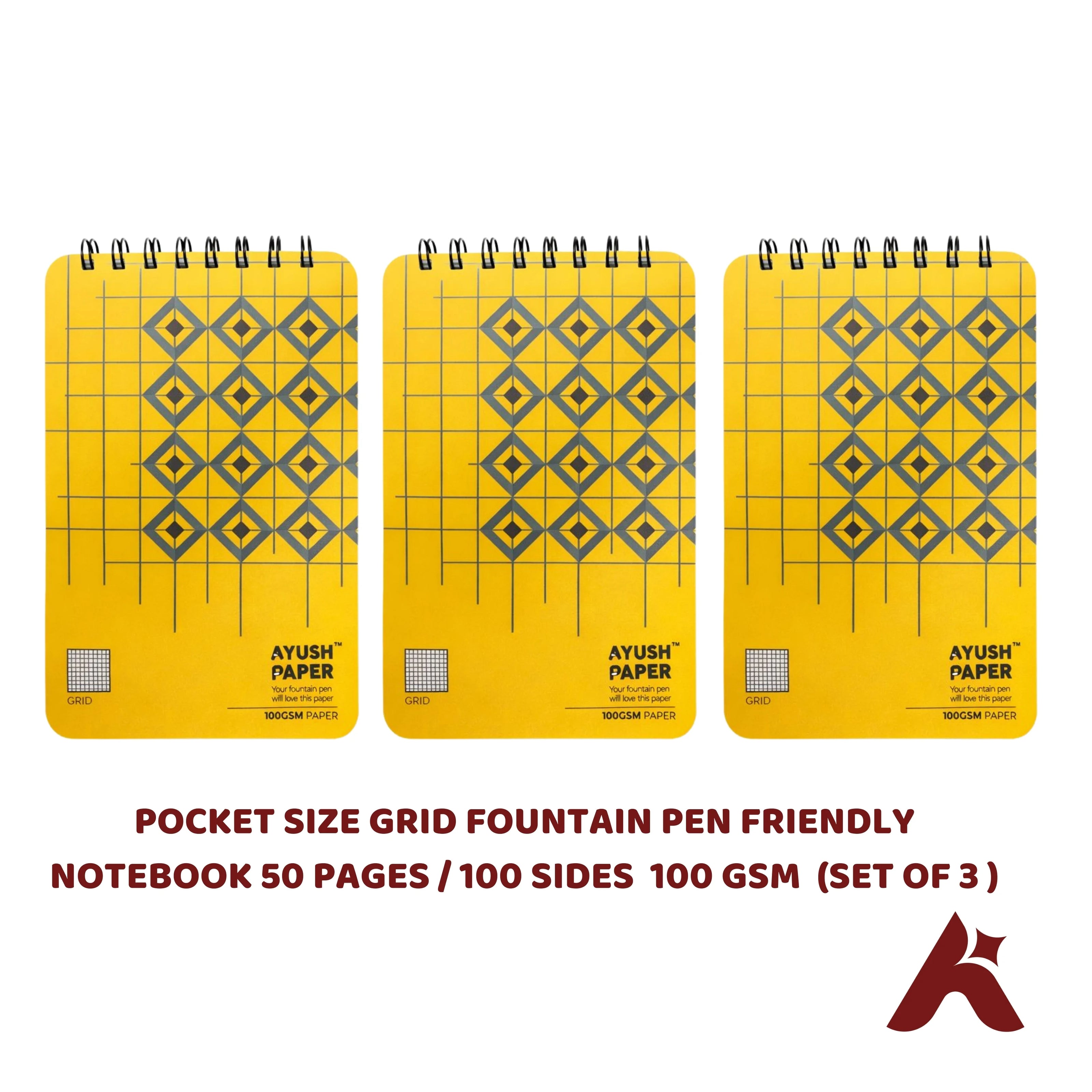 POCKET SIZE GRID FOUNTAIN PEN FRIENDLY  NOTEBOOK 50 PAGES / 100 SIDES  100 GSM  (SET OF 3 )