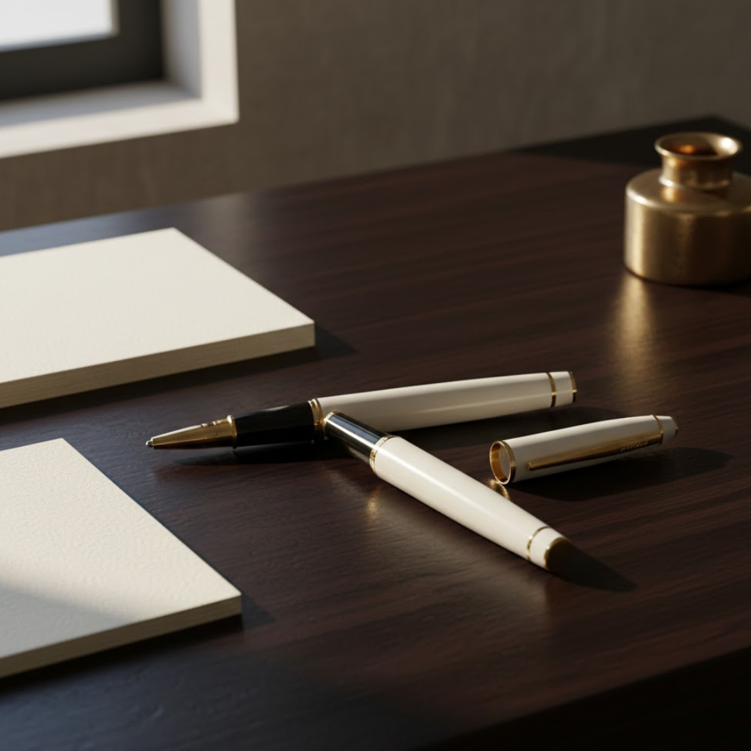 Cream and gold Aairo fountain pen resting on a desk with notepads and a brass ink pot