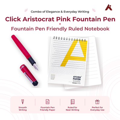 Father's Day Combo - Click Aristocrat Pink Fountain Pen + Ayush Paper Ruled Notebook