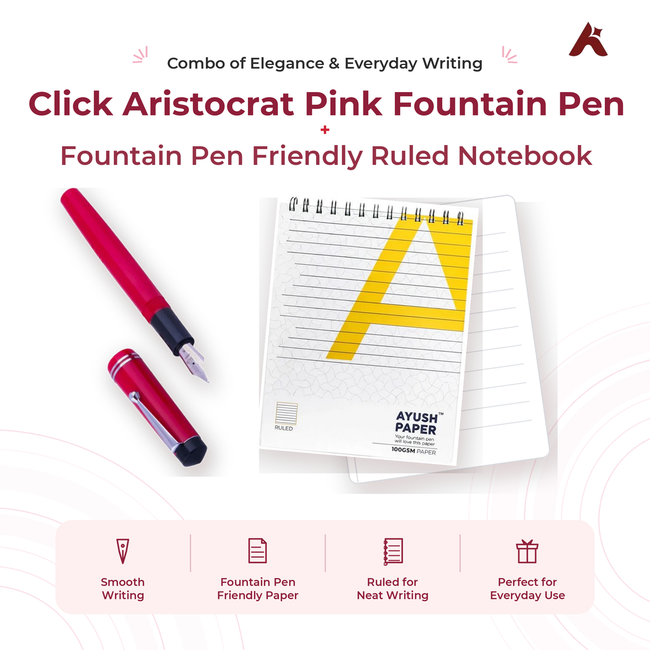 Father's Day Combo - Click Aristocrat Pink Fountain Pen + Ayush Paper Ruled Notebook